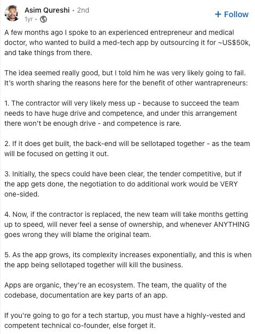 A post by Asim Qureshi listing five reasons an outsourced medical app build was likely to fail: the contractor lacks drive and competence, the back end gets rushed, renegotiation is one-sided, replacing the team costs months and ownership, and complexity compounds as the app grows.