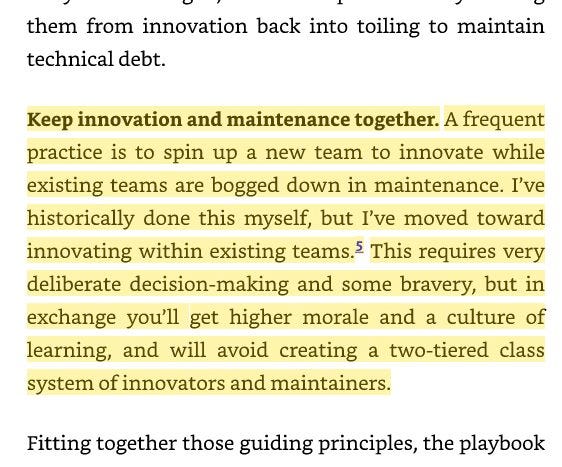 A highlighted book passage arguing that innovation and maintenance should be kept together rather than split across separate teams, to avoid a two-tiered class system of innovators and maintainers.